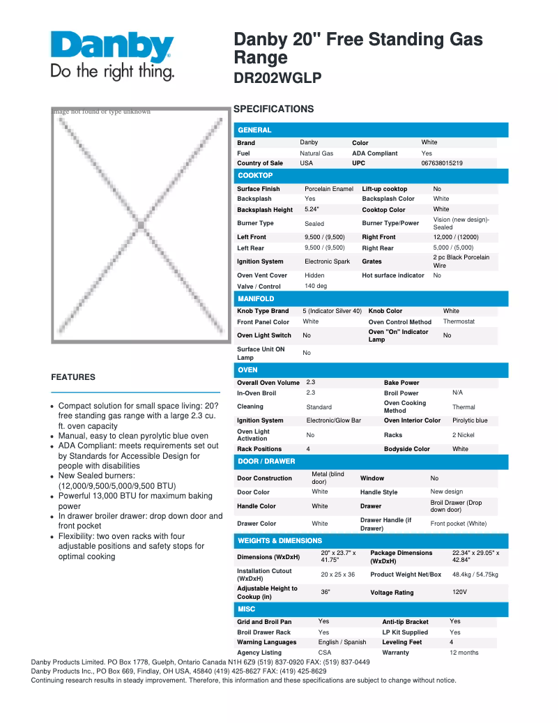 Page 1 de la notice Fiche technique Danby DR202WGLP