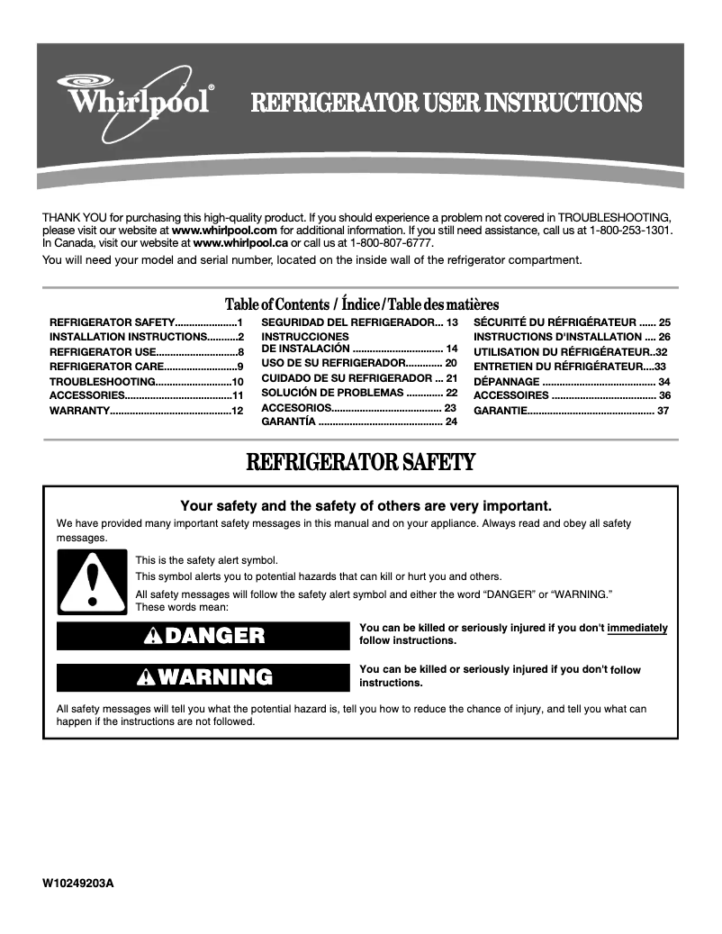 Page 1 de la notice Manuel utilisateur Whirlpool ET8WTKXKT