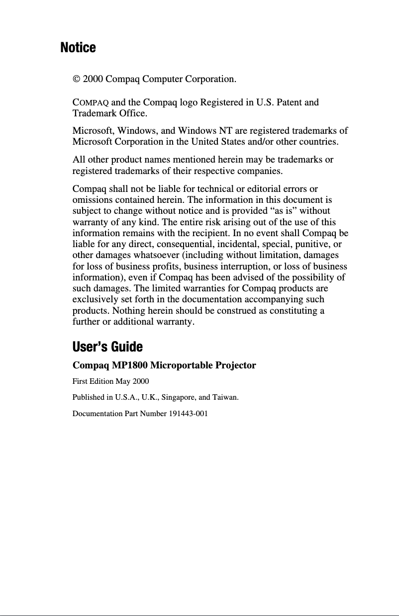 Page n°1 - Manuel utilisateur Compaq MP1800