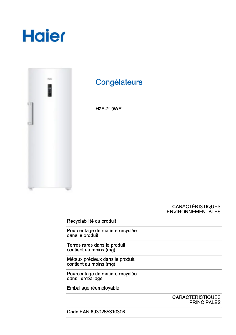 Page n°1 - Label énergétique Haier H2F-210WE