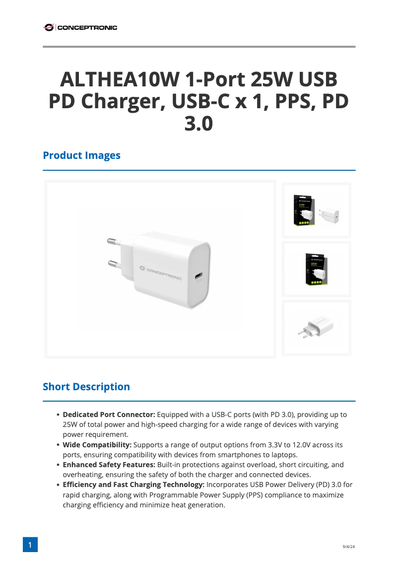 Page 1 de la notice Fiche technique Equip ALTHEA10W