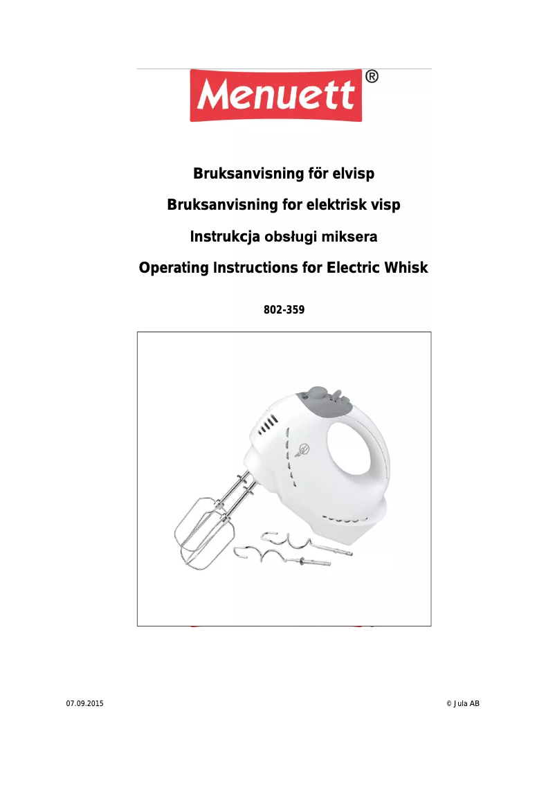 Page 1 de la notice Manuel utilisateur Menuett 802-359