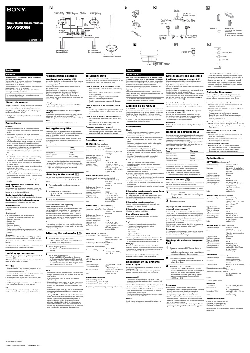 Page 1 de la notice Manuel utilisateur Sony SV-S200