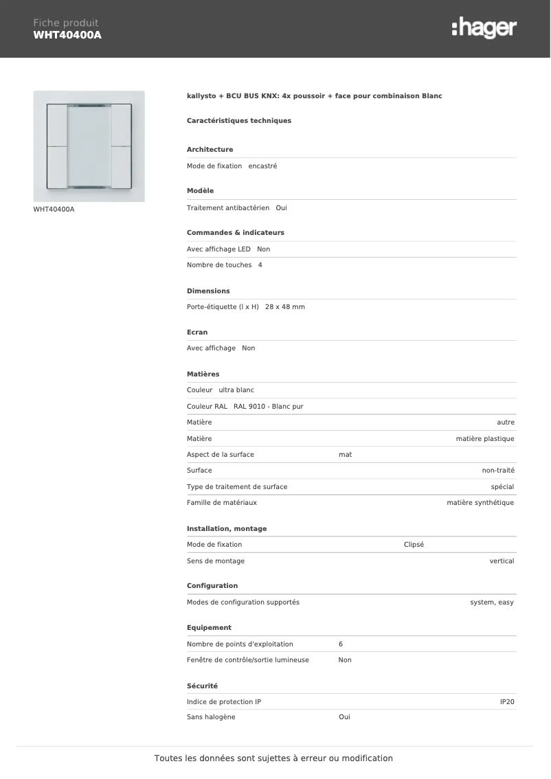 Page n°1 - Fiche technique Hager WHT40400A