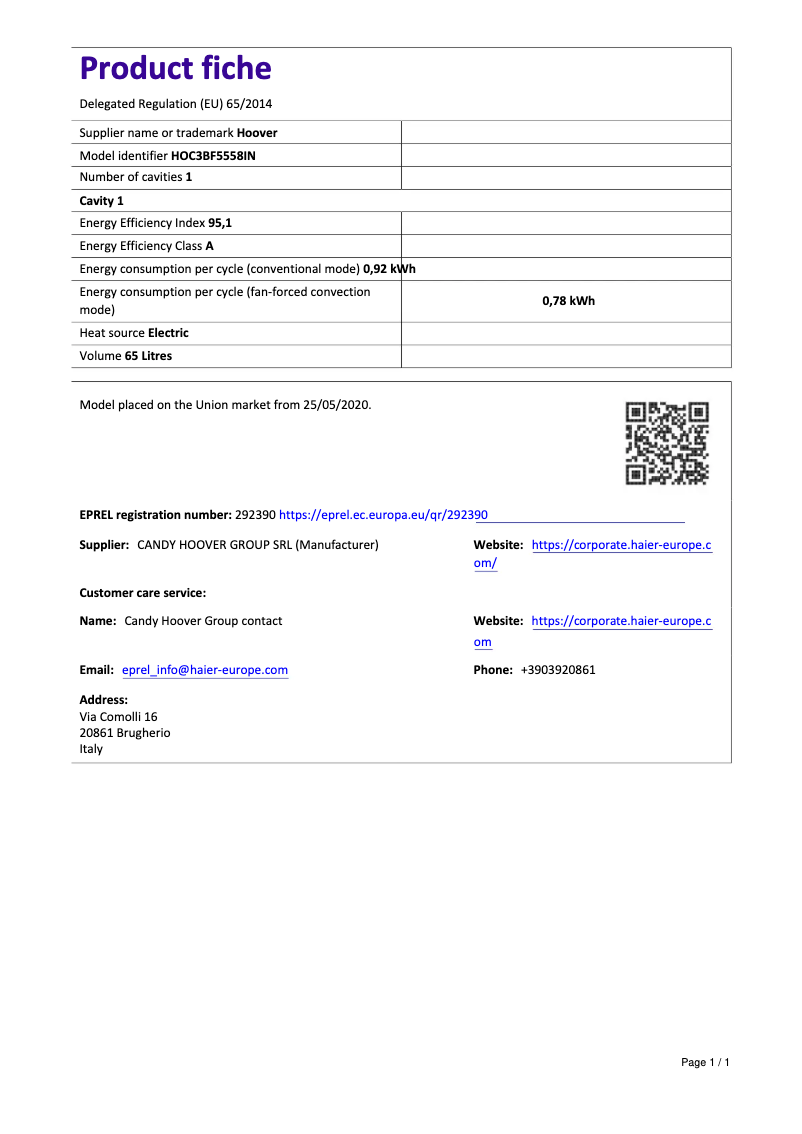Page n°1 - Fiche technique Hoover H-OVEN 300 HOC3BF5558IN