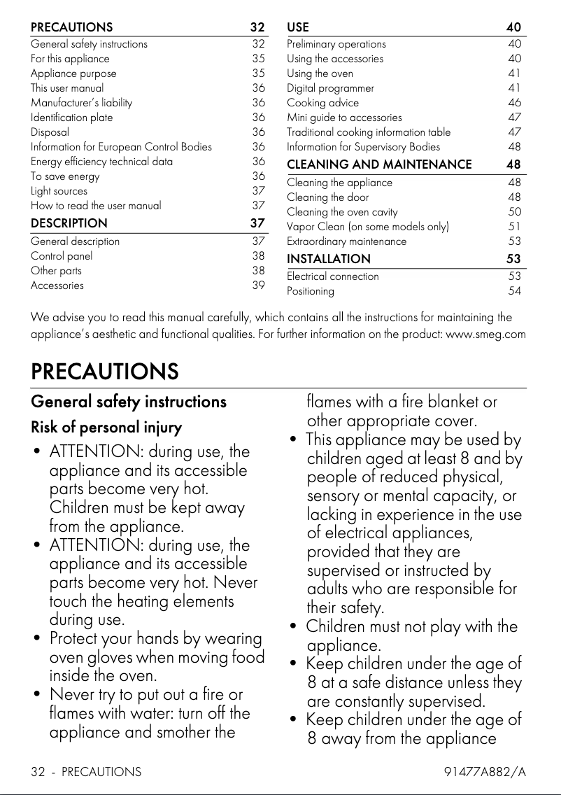Page 1 de la notice Fiche technique Smeg SF6300TVX