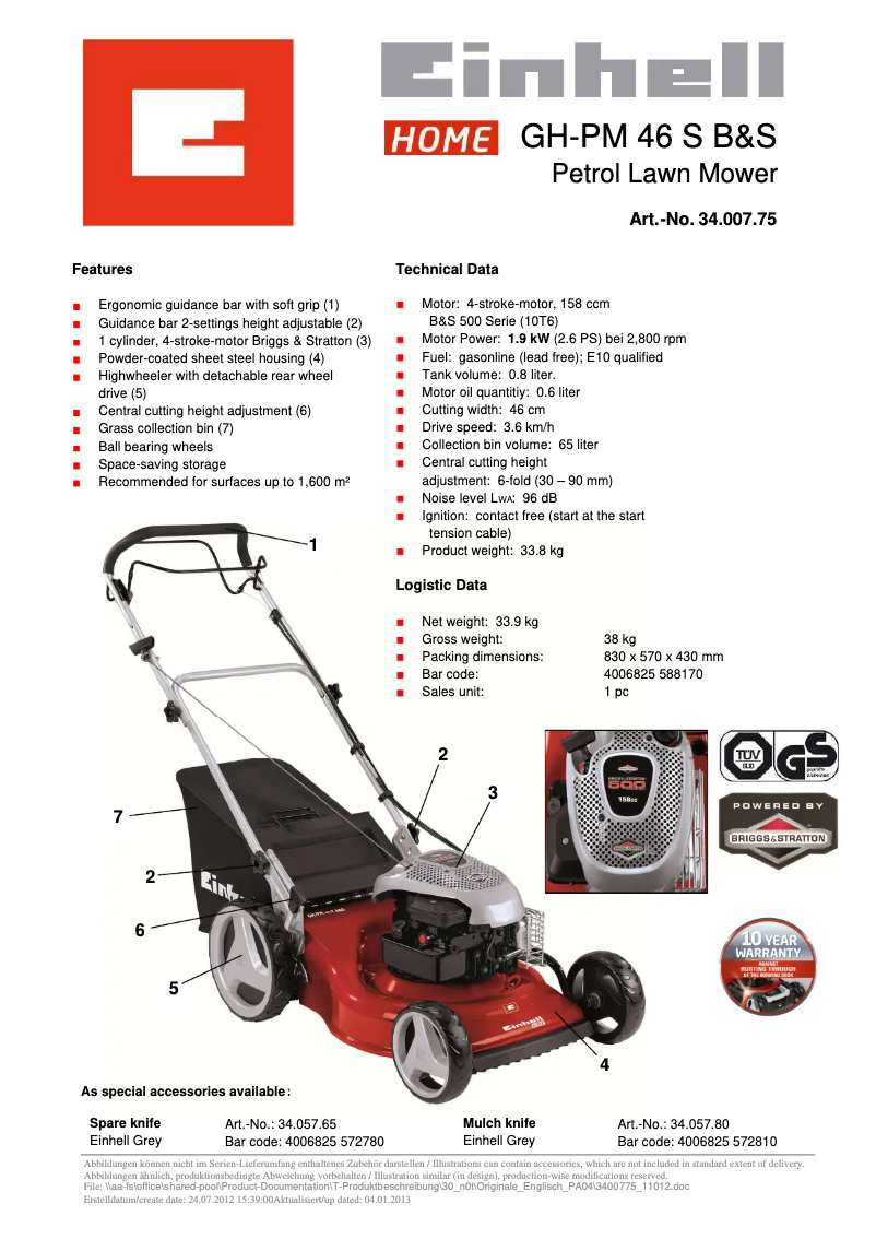 Page n°1 - Fiche technique Einhell GH-PM 46 S B&S