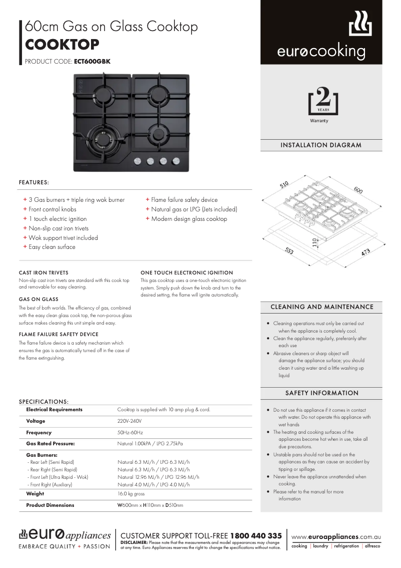 Page 1 de la notice Fiche technique Euro Appliances ECT600GBK
