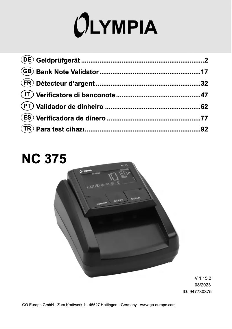 Image de la première page du manuel de l'appareil NC 375