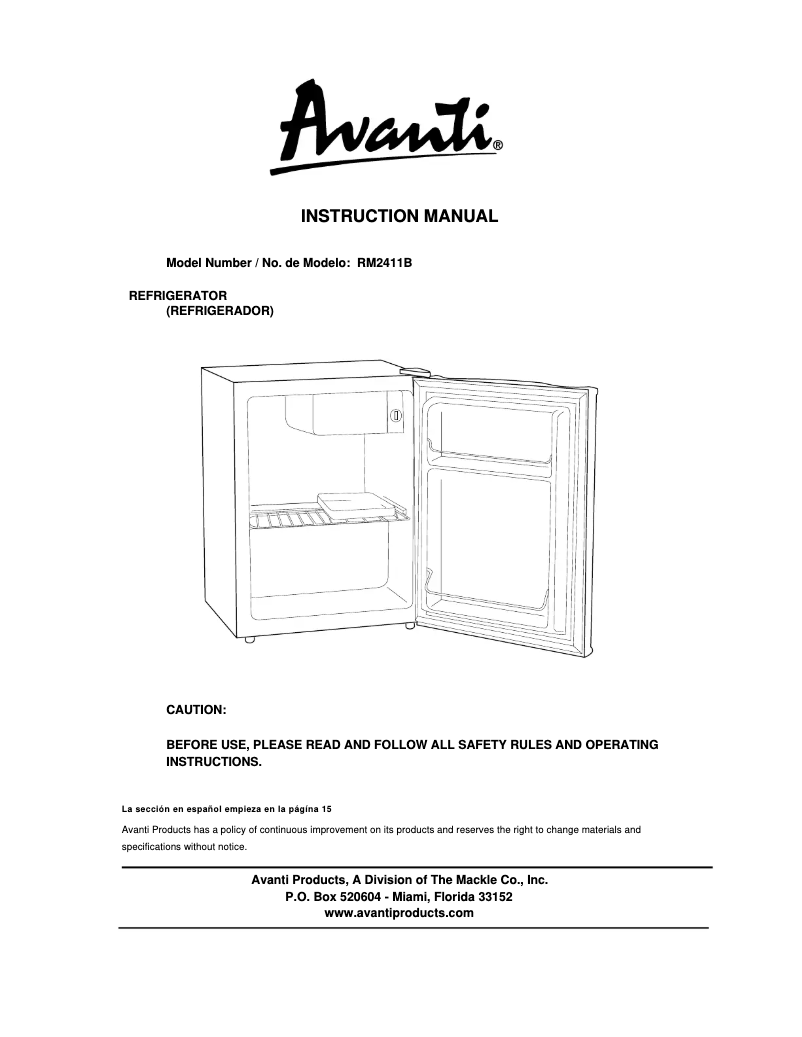 Page 1 of the manual User Manual Avanti RM2411B