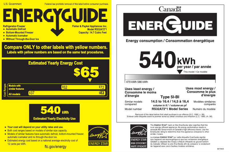 Page n°1 - Label énergétique Fisher & Paykel RS32A72J1