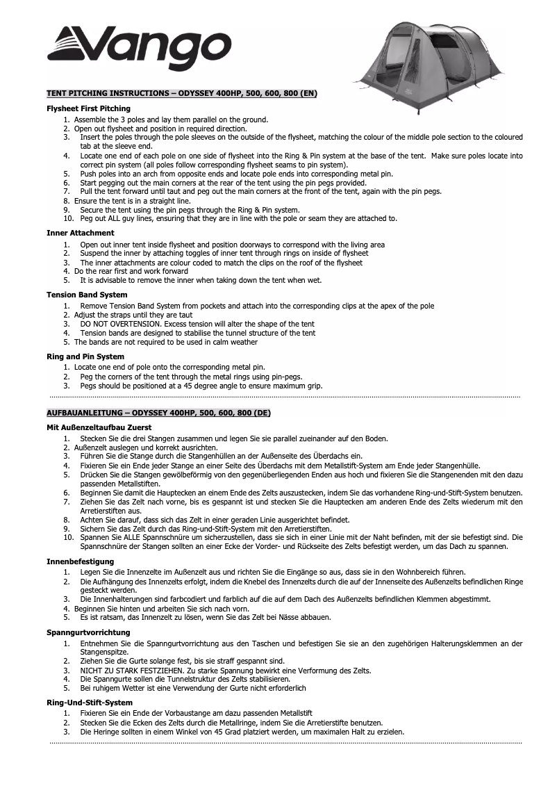 Page 1 de la notice Manuel utilisateur Vango Odyssey 600
