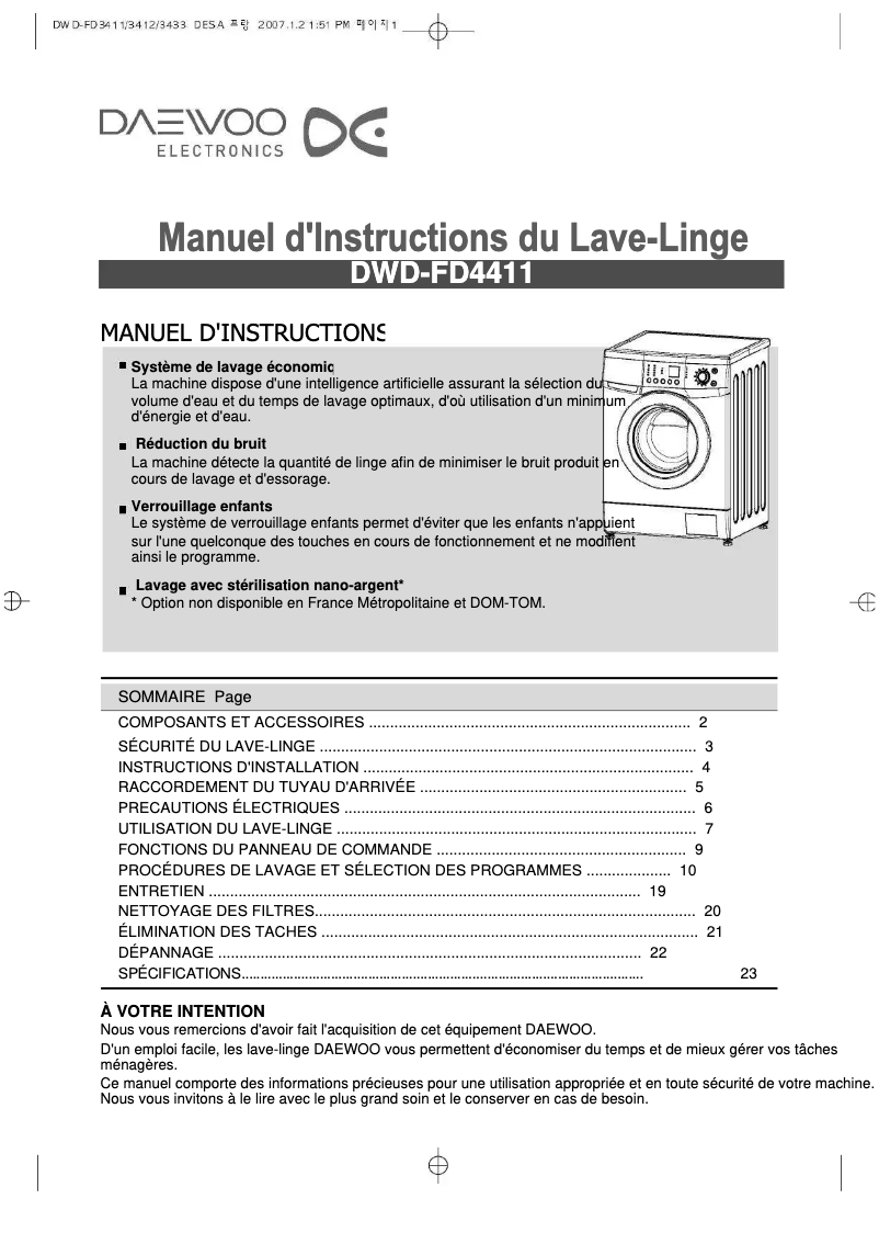 Page n°1 - Manuel utilisateur Daewoo DWD-FD4411