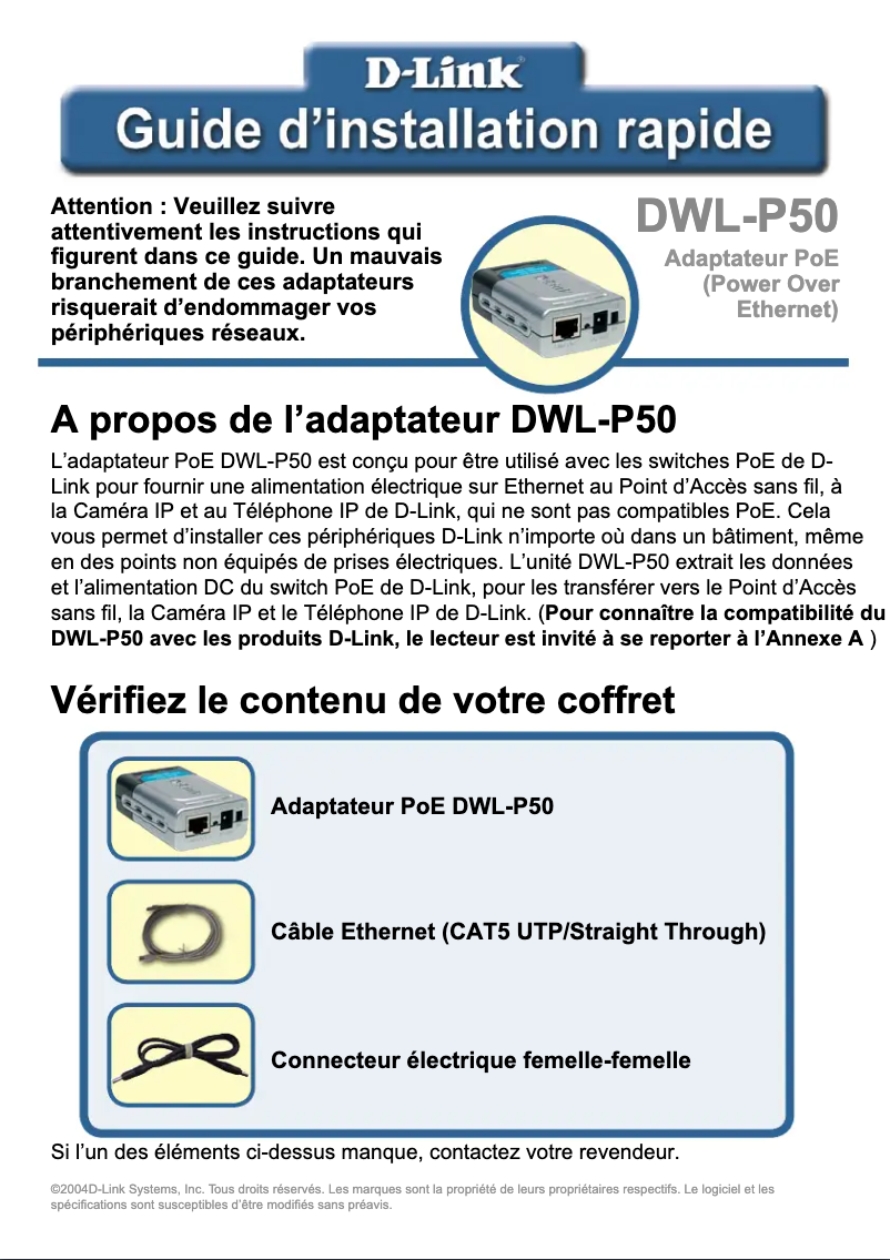 Page 1 de la notice Guide de démarrage rapide D-Link DWL-P50