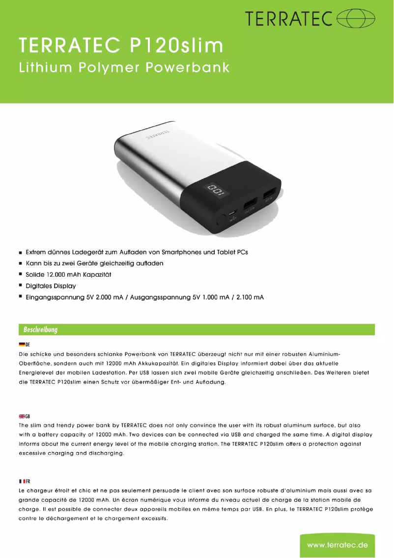 Page 1 de la notice Manuel utilisateur Terratec P120 Slim