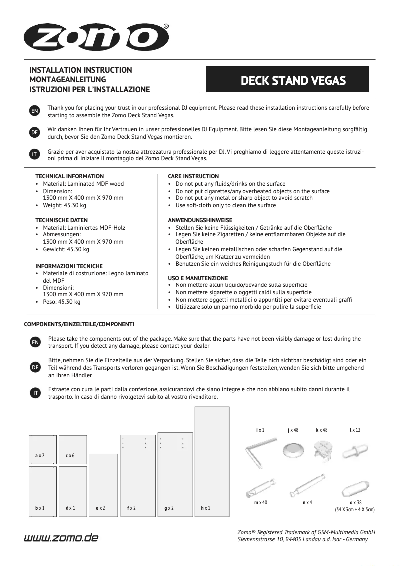 Page n°1 - Manuel utilisateur Zomo Vegas Zebrano