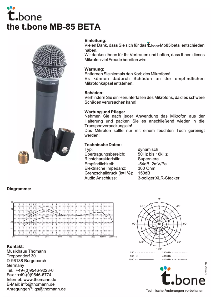 Page 1 de la notice Manuel utilisateur the t.bone MB-85 BETA