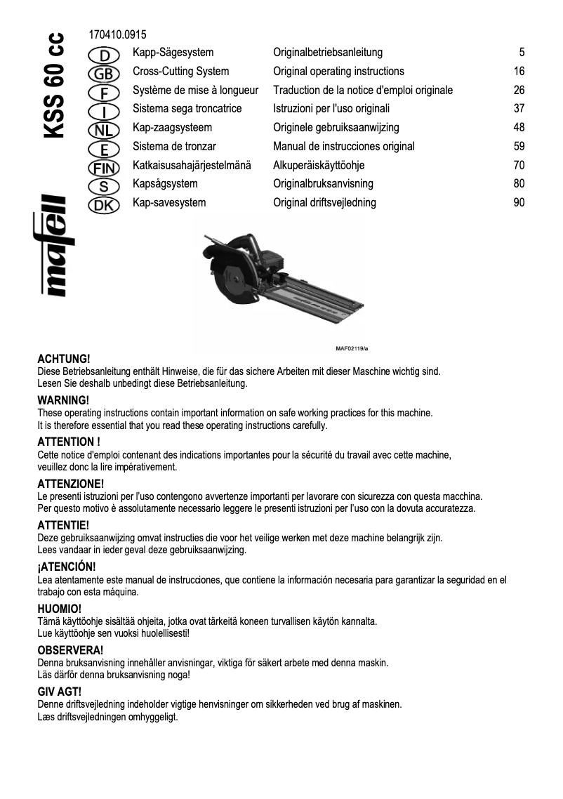 Page 1 de la notice Manuel utilisateur Mafell KSS 60 cc