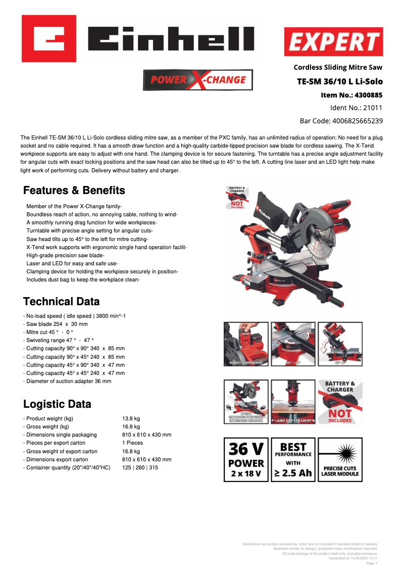 Page 1 de la notice Fiche technique Einhell TE-SM 36/10 L Li