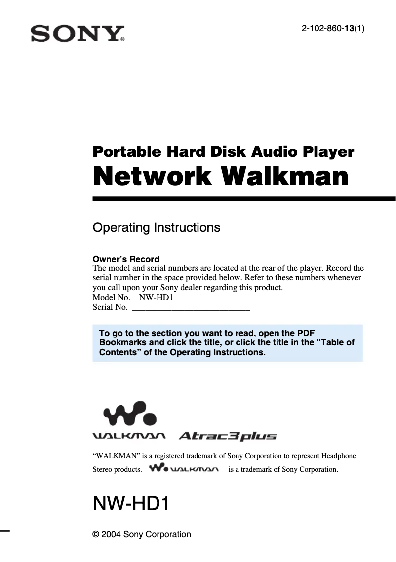 Image de la première page du manuel de l'appareil Walkman NW-HD1