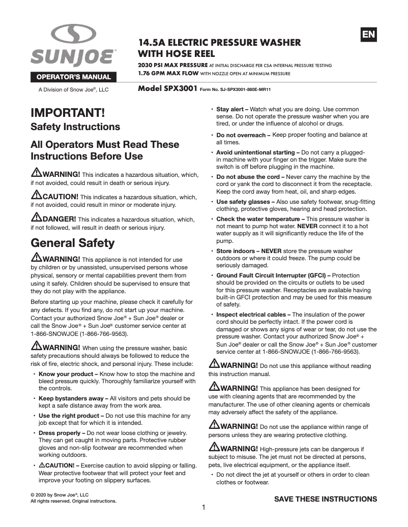 Página 1 del manual Manual de usuario Sun Joe SPX3001