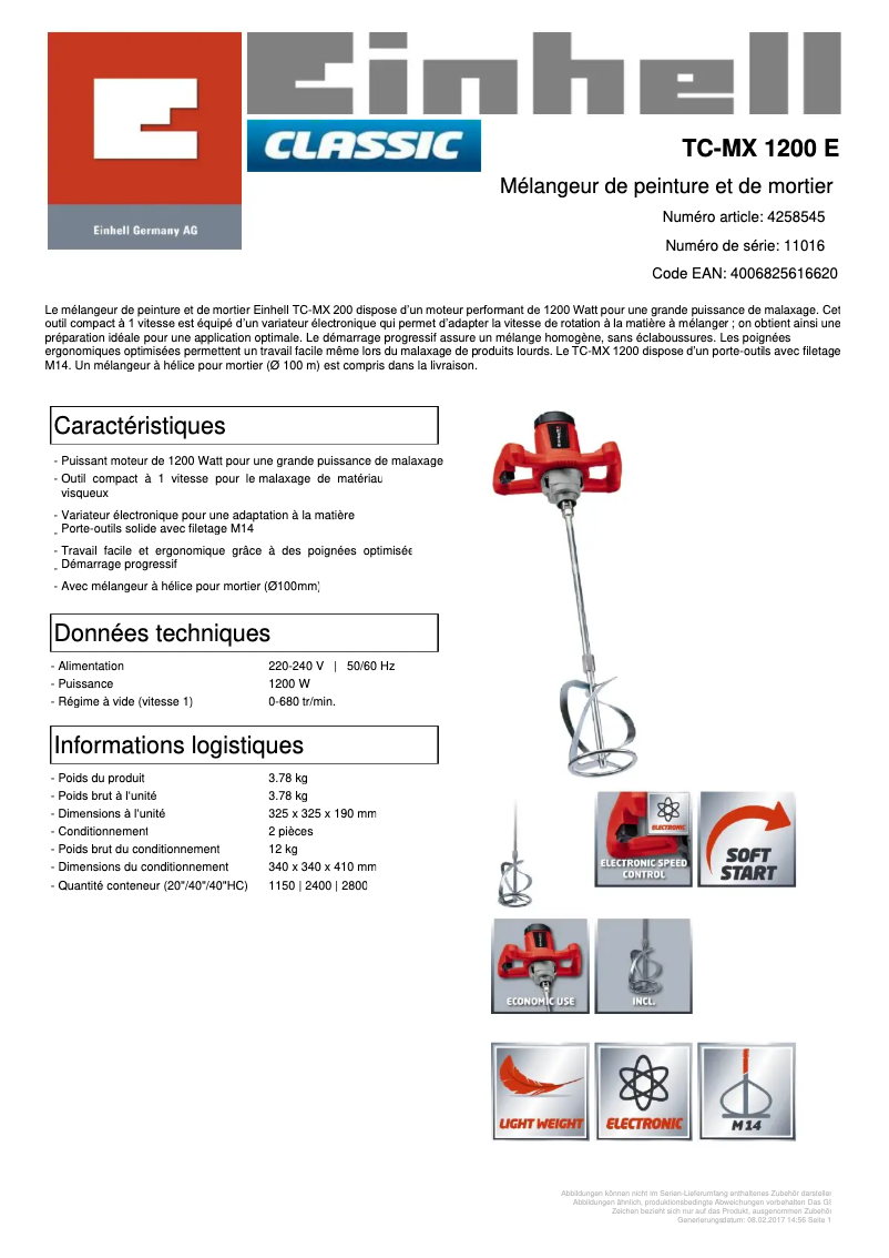 Page n°1 - Fiche technique Einhell TC-MX 1200 E