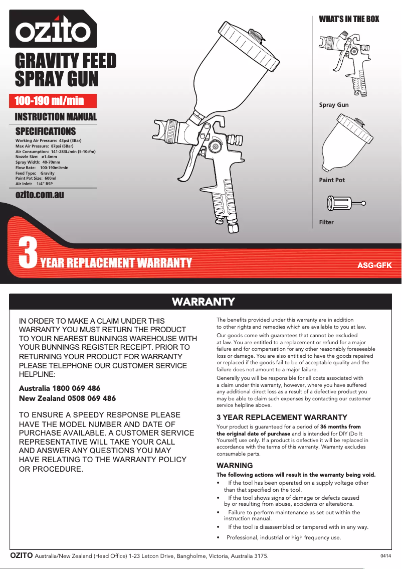 Page 1 de la notice Manuel utilisateur Ozito ASG-GFK
