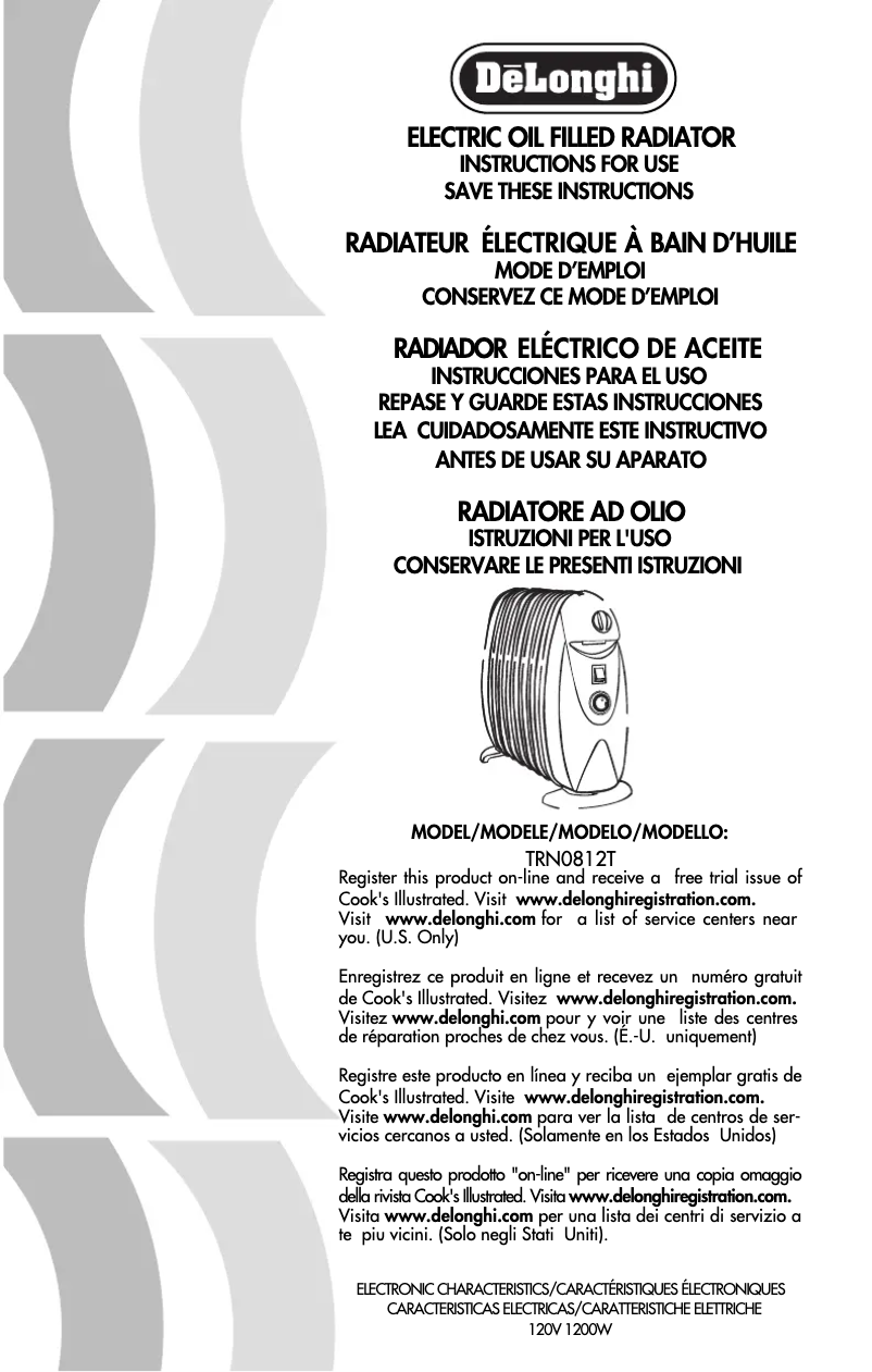 Page 1 de la notice Manuel utilisateur DeLonghi TRN0812T