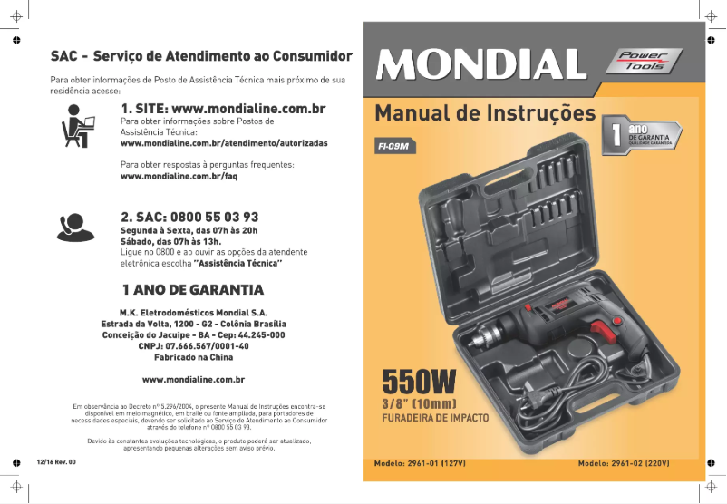 Page 1 de la notice Manuel utilisateur Mondial FI-09M