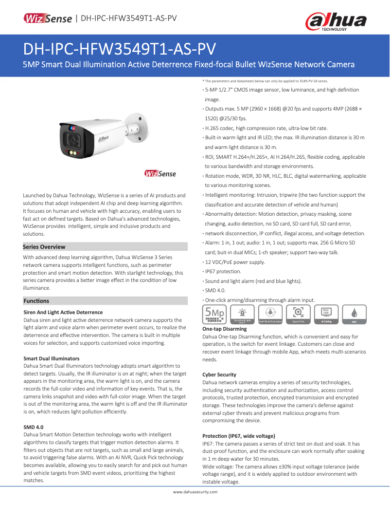 Page n°1 - Fiche technique Dahua Technology IPC-HFW3549T1-AS-PV