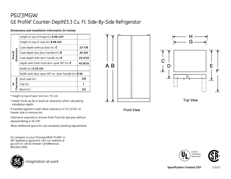 Page 1 de la notice Fiche technique GE Profile PSI23MGWWV