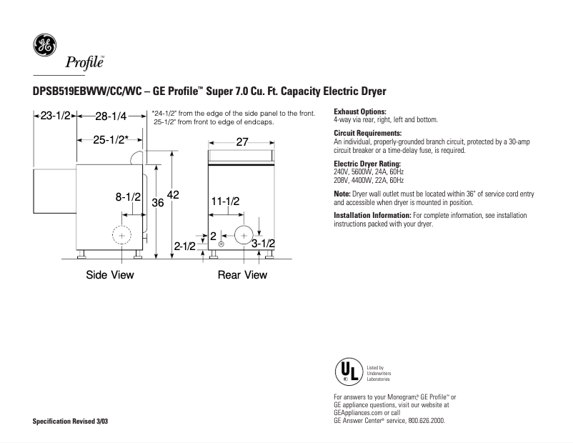 Page n°1 - Fiche technique GE Profile DPSB519EBWW