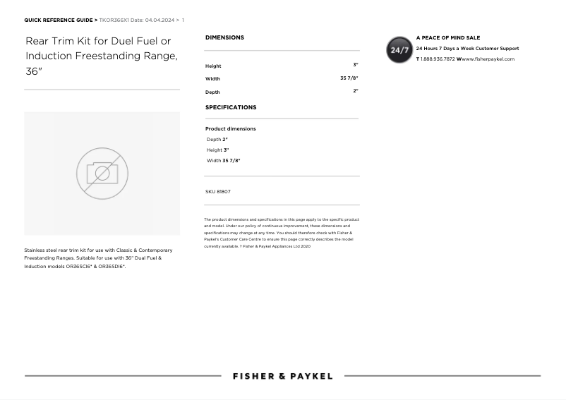 Page n°1 - Manuel utilisateur Fisher & Paykel TKOR366X1