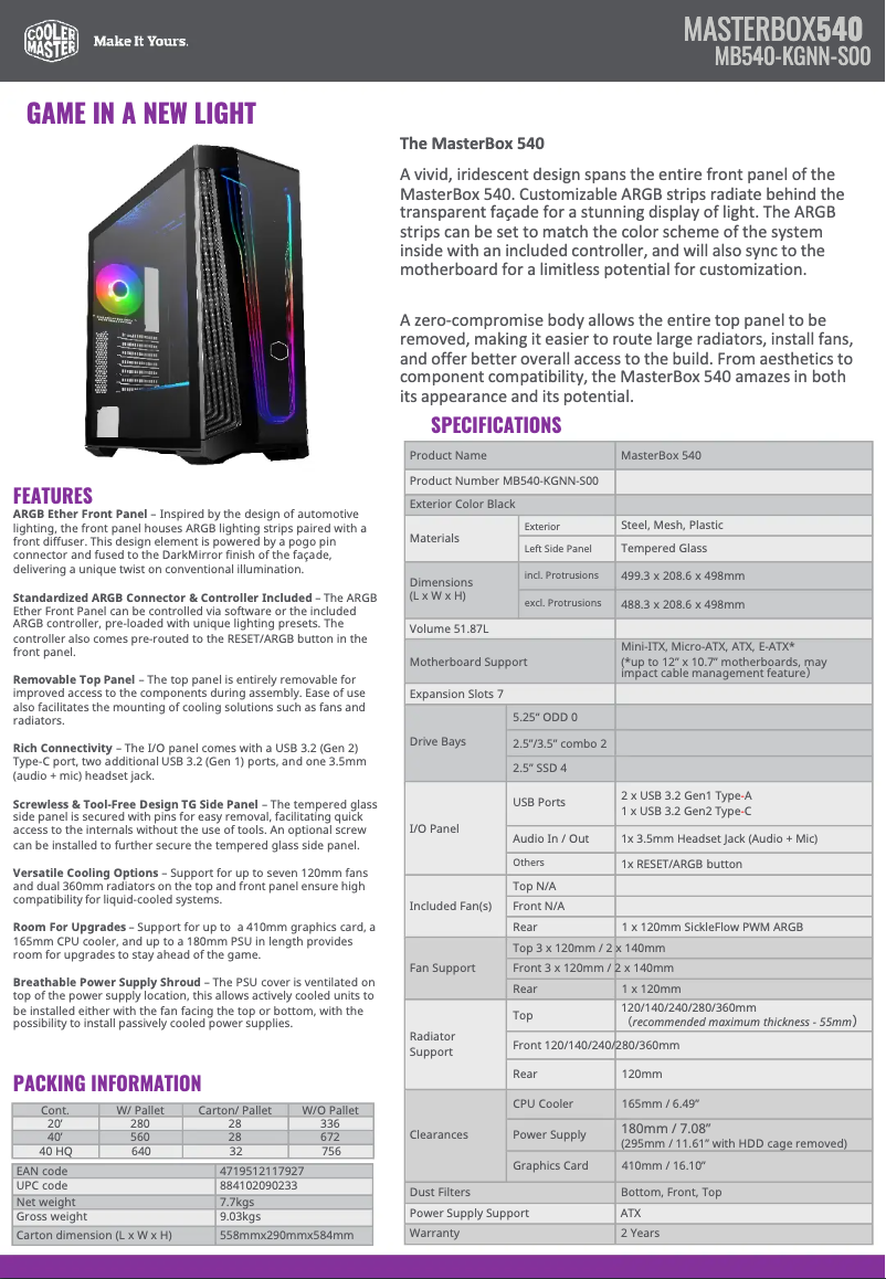 Page 1 de la notice Fiche technique Cooler Master MasterBox 540