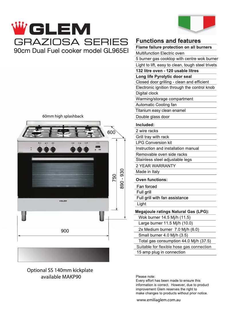 Page n°1 - Fiche technique Glem Gas GL965EI