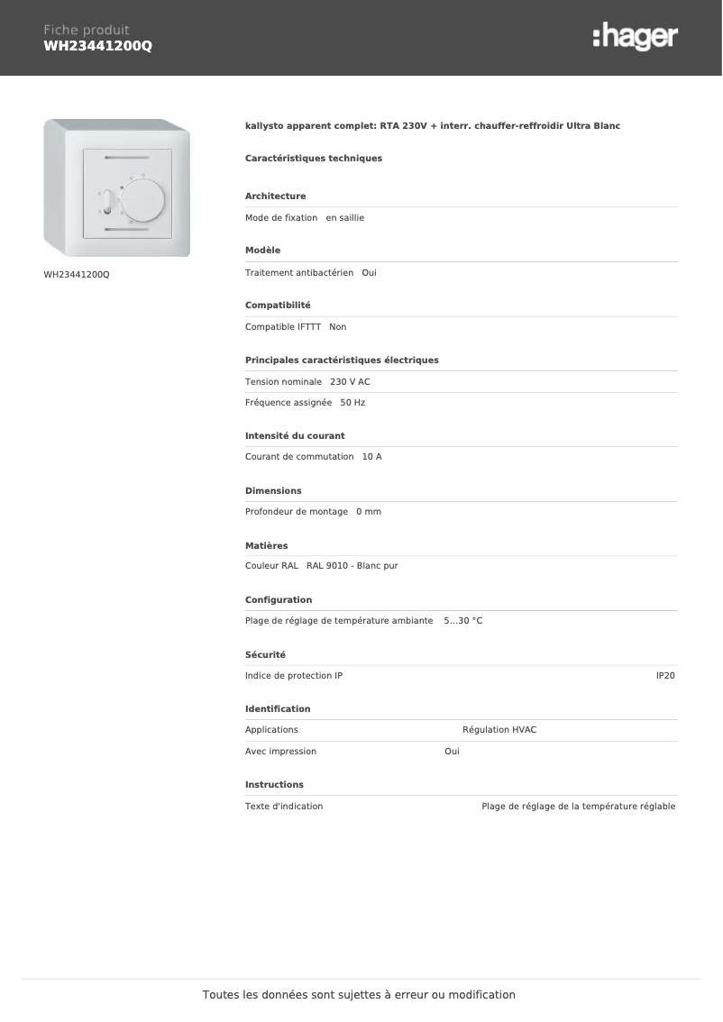 Page 1 de la notice Fiche technique Hager WH23441200Q