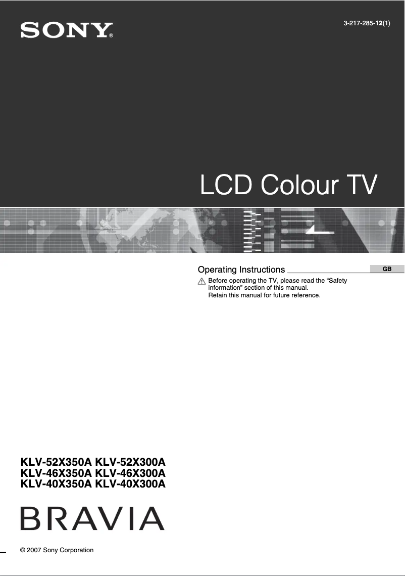 Image de la première page du manuel de l'appareil Bravia KLV-40X300A