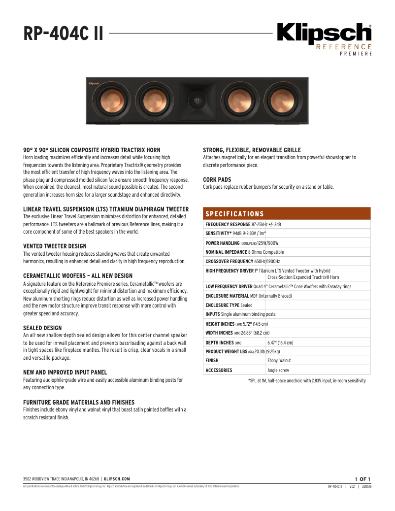 Page n°1 - Fiche technique Klipsch Reference Premiere RP-404C II