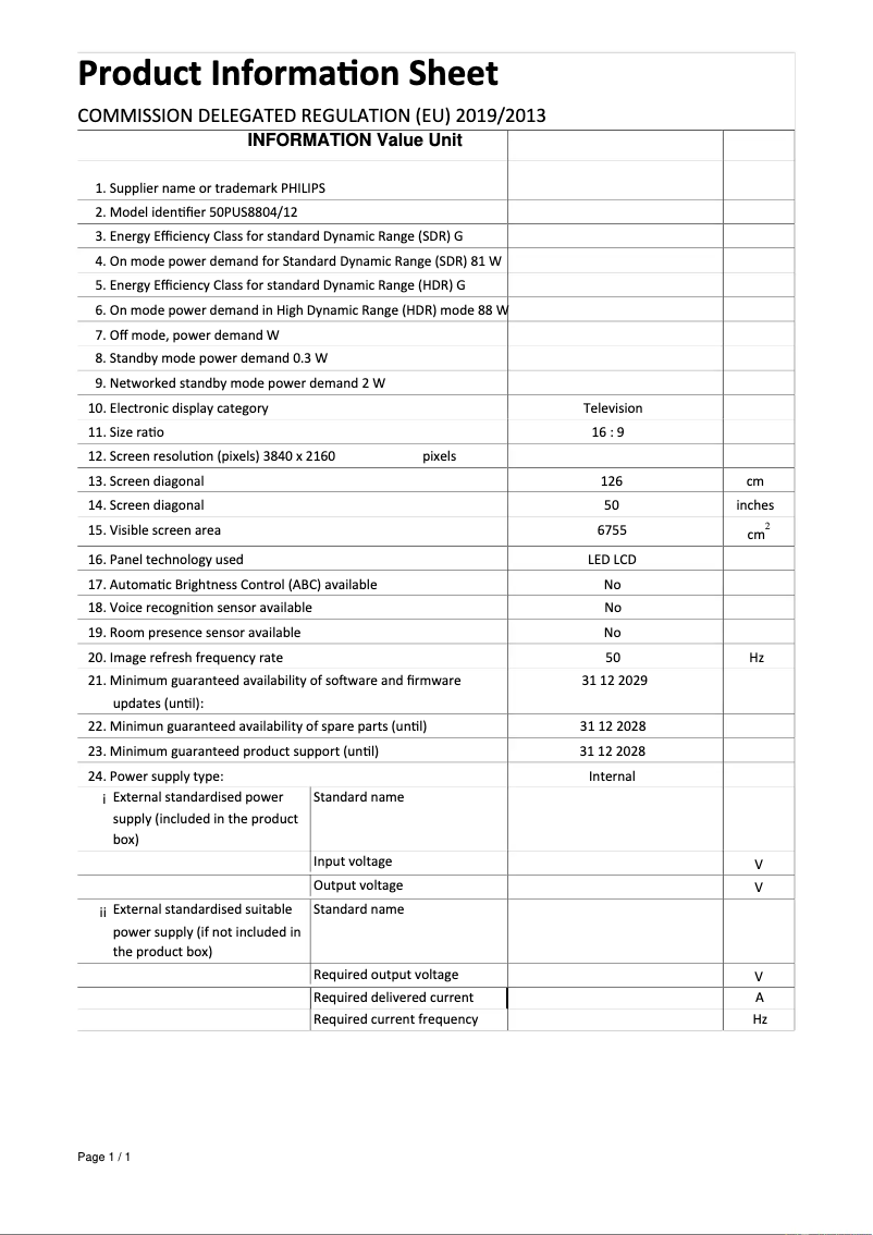 Page n°1 - Fiche technique Philips 50PUS8804