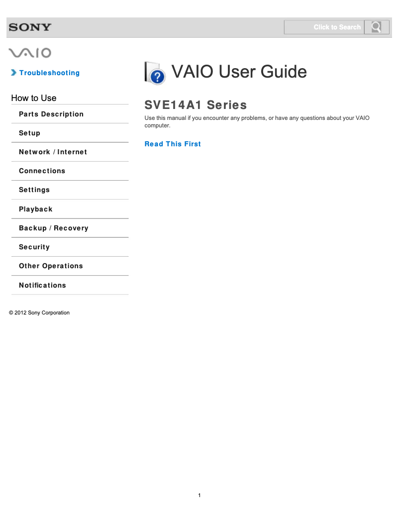 Image de la première page du manuel de l'appareil Vaio SVE14A190X