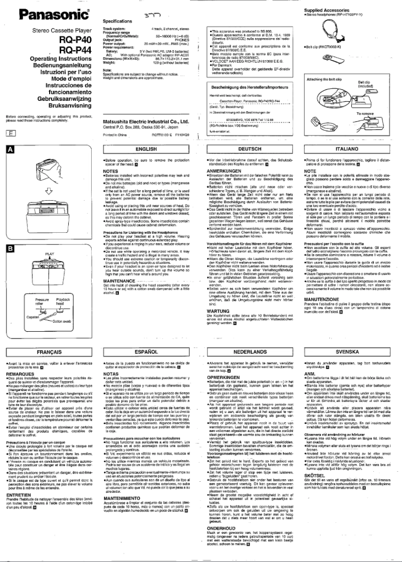 Page 1 de la notice Manuel utilisateur Panasonic RQ-P44