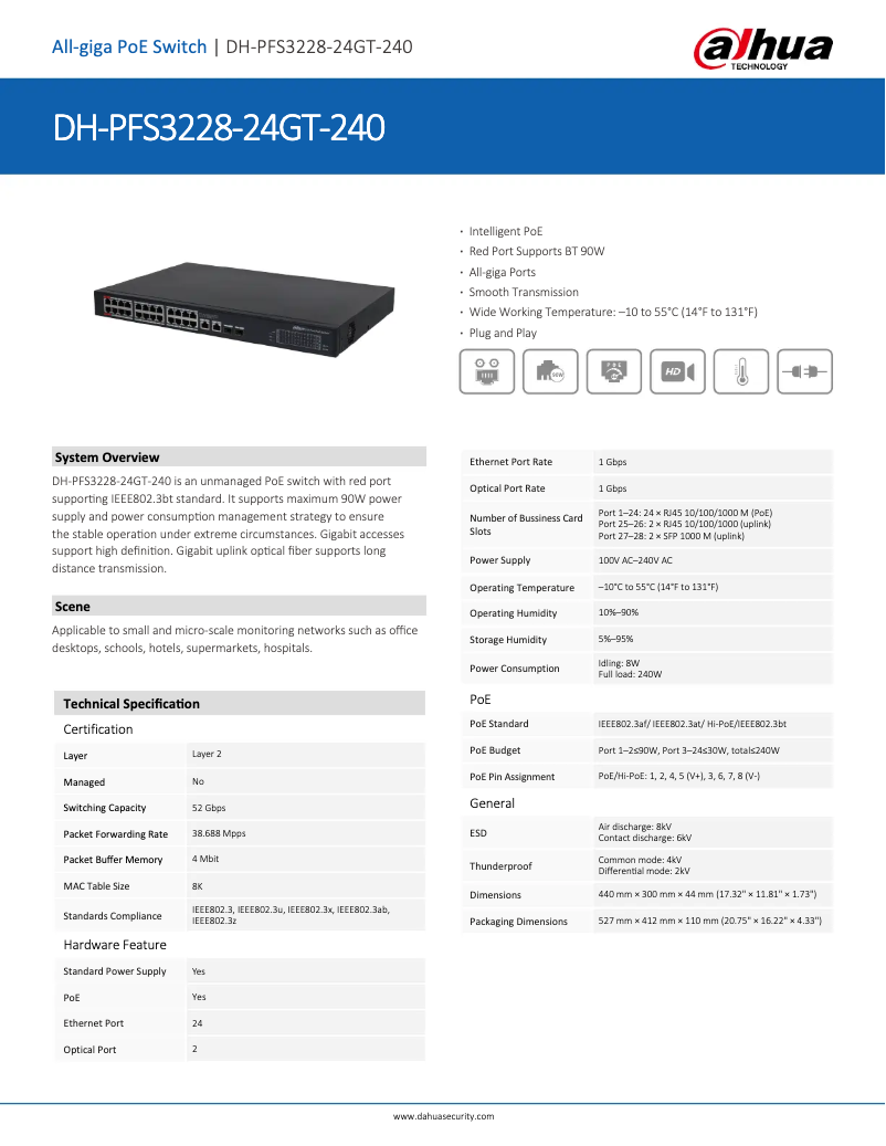 Page 1 de la notice Fiche technique Dahua Technology PFS3228-24GT-240
