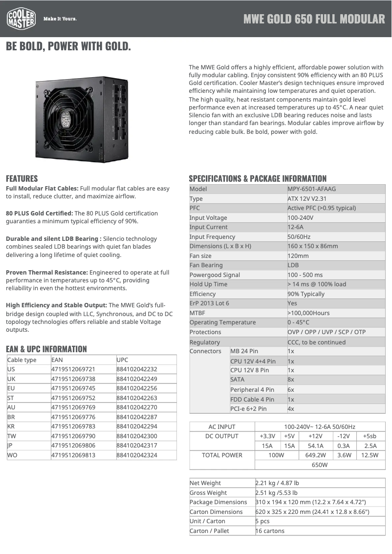 Page 1 de la notice Fiche technique Cooler Master MWE Gold 650 Full Modular