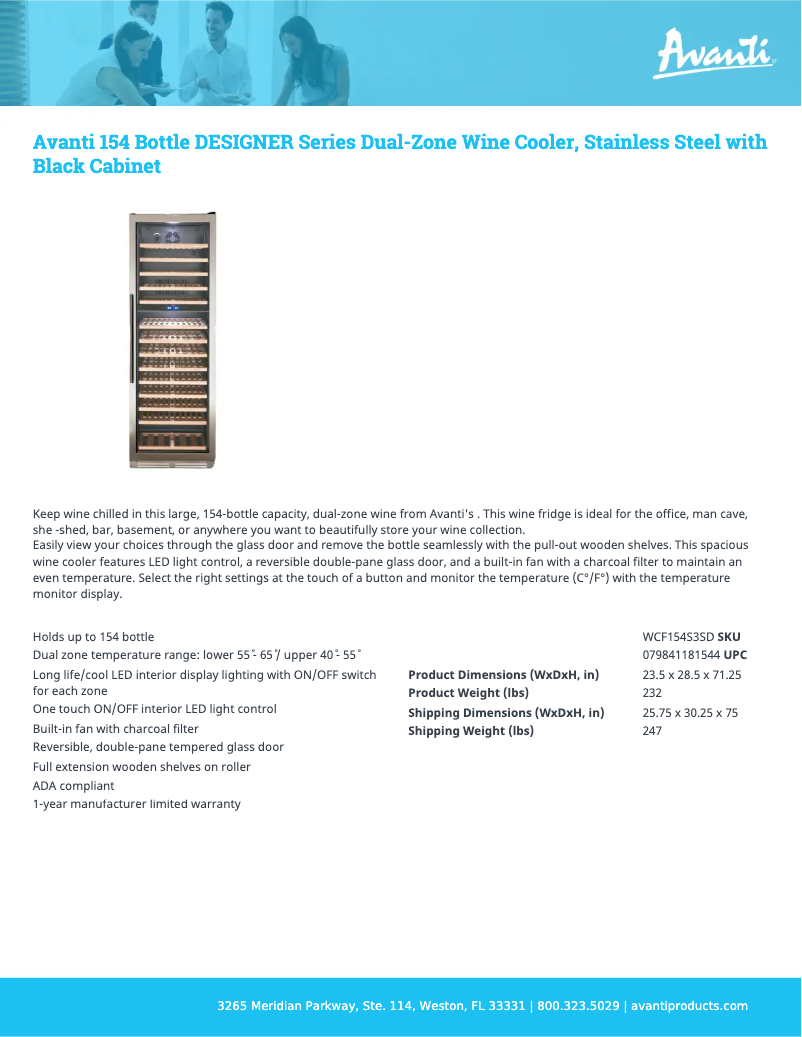 Page 1 de la notice Fiche technique Avanti WCF154S3SD
