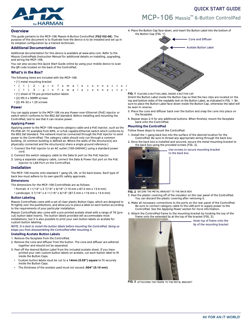 Page n°1 - Guide de démarrage rapide AMX MCP-106