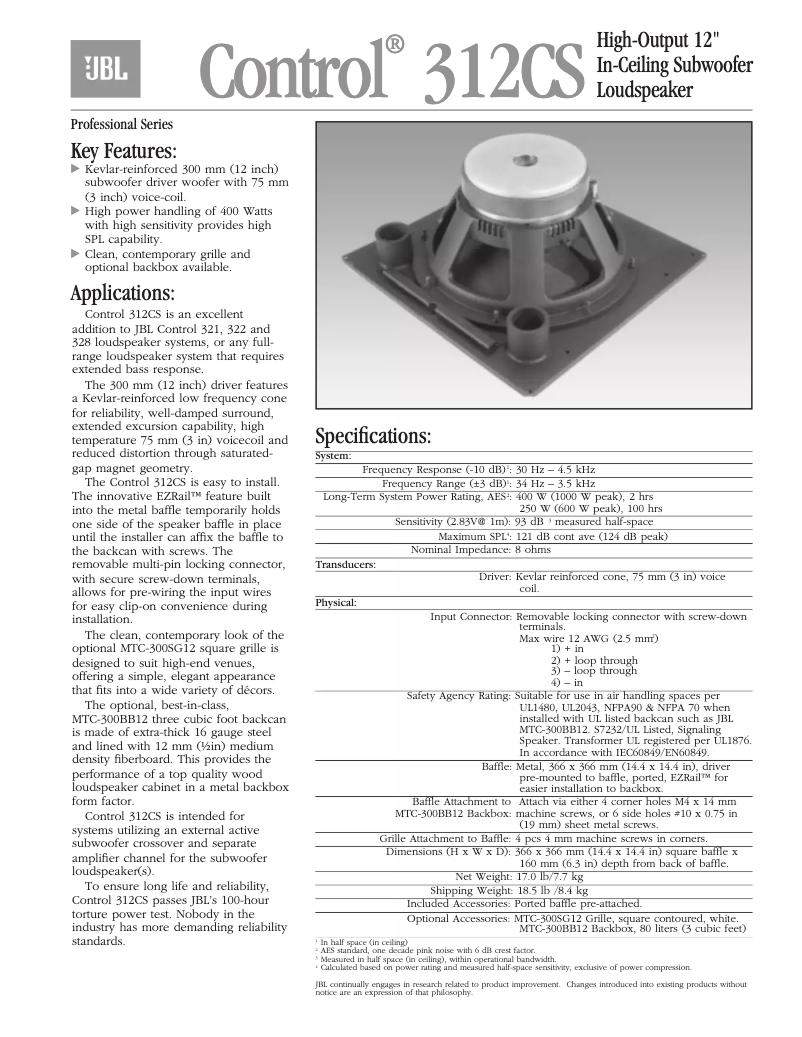 Page n°1 - Brochure JBL Control 312CS