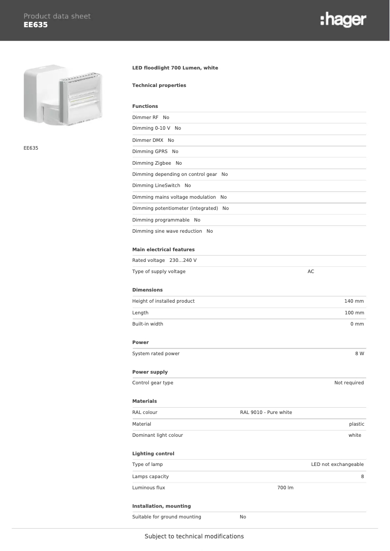 Page 1 de la notice Fiche technique Hager EE635