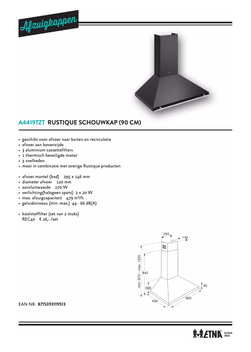 Page 1 de la notice Fiche technique Etna A4419TZT