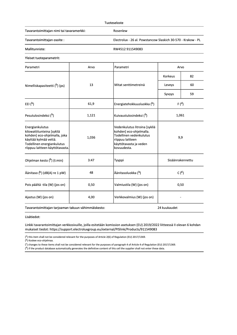Page 1 de la notice Fiche technique Rosenlew RW4512