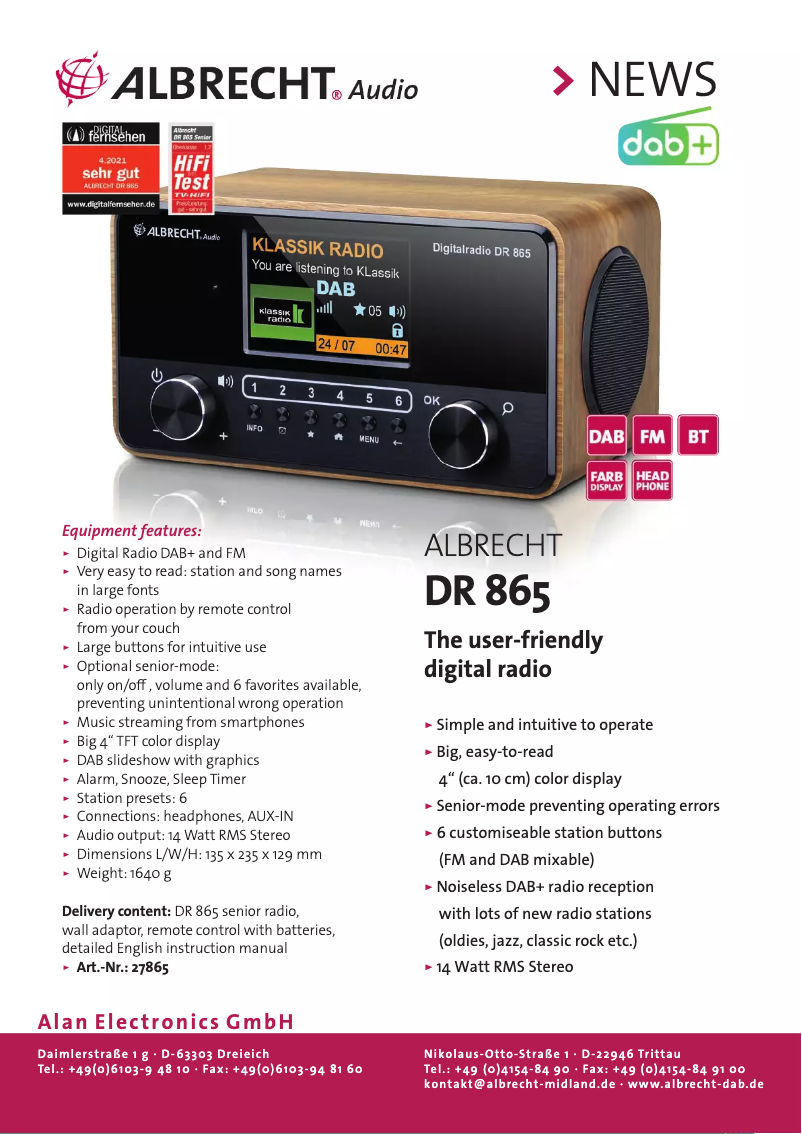Page 1 de la notice Fiche technique Albrecht DR 865 Senior